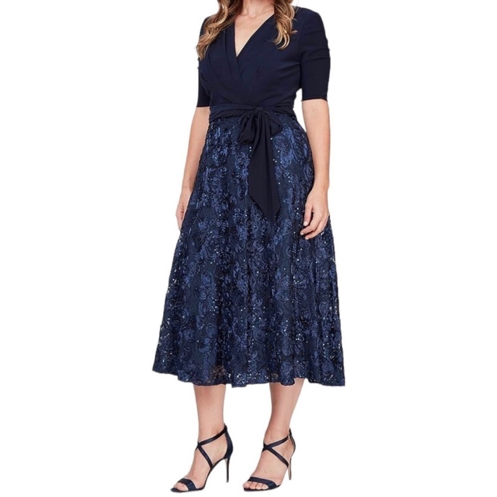 NWT! ALEX EVENINGS Sz 18 Navy Tea Length Dress, Jersey top, Rosette Lace bottom